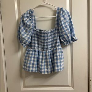 Blue Gingham Smocked Puff Sleeve Top